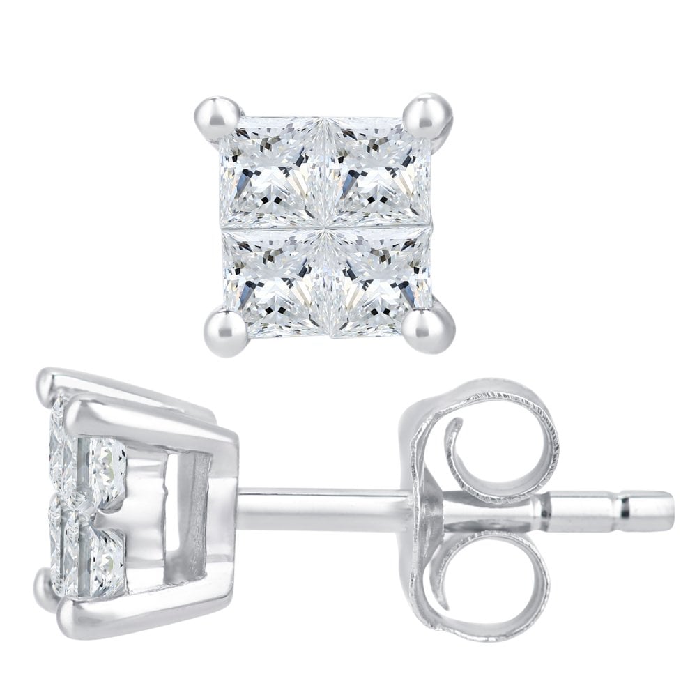 SPARKLD 9ct White Gold 0.33ct Princess Diamond Solitaire Stud Earrings