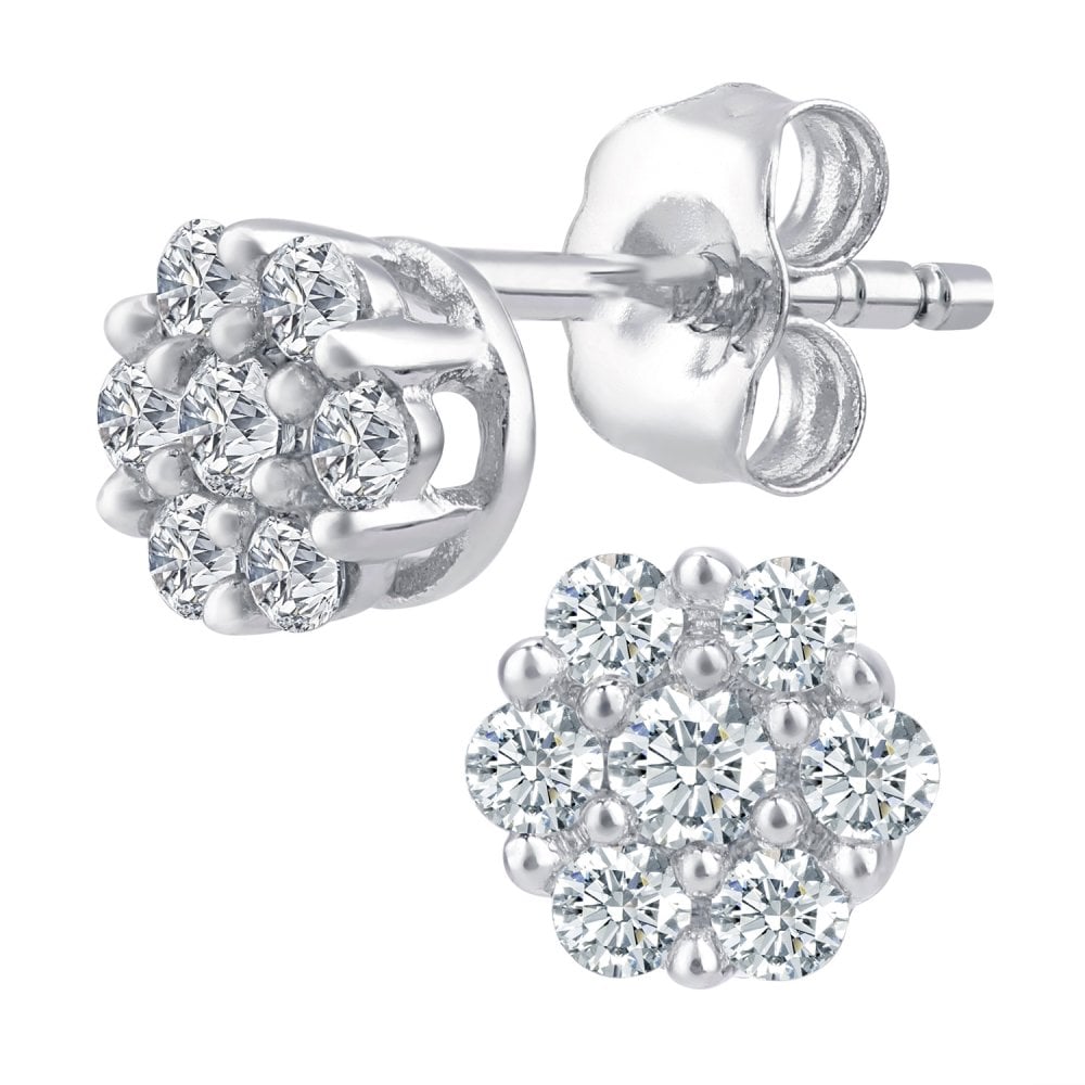 SPARKLD 9ct White Gold 0.25ct Diamond Cluster Stud Earrings