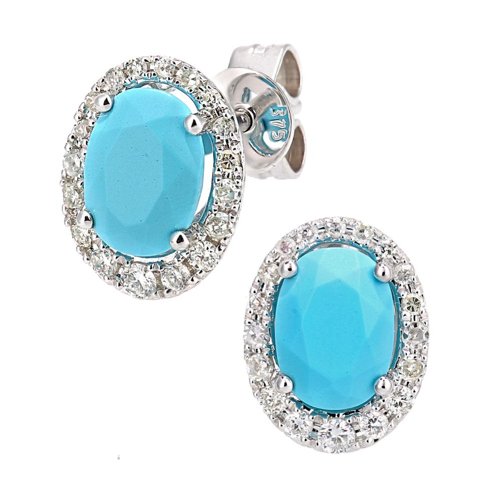 SPARKLD 9ct White Gold 0.25ct Diamond and Created Turquoise Oval Cut Stud Earrings
