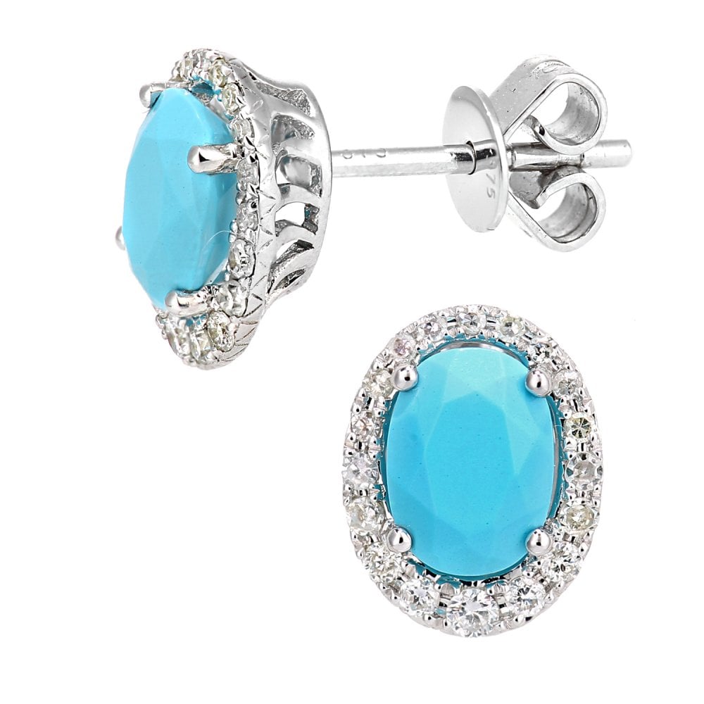 SPARKLD 9ct White Gold 0.25ct Diamond and Created Turquoise Oval Cut Stud Earrings