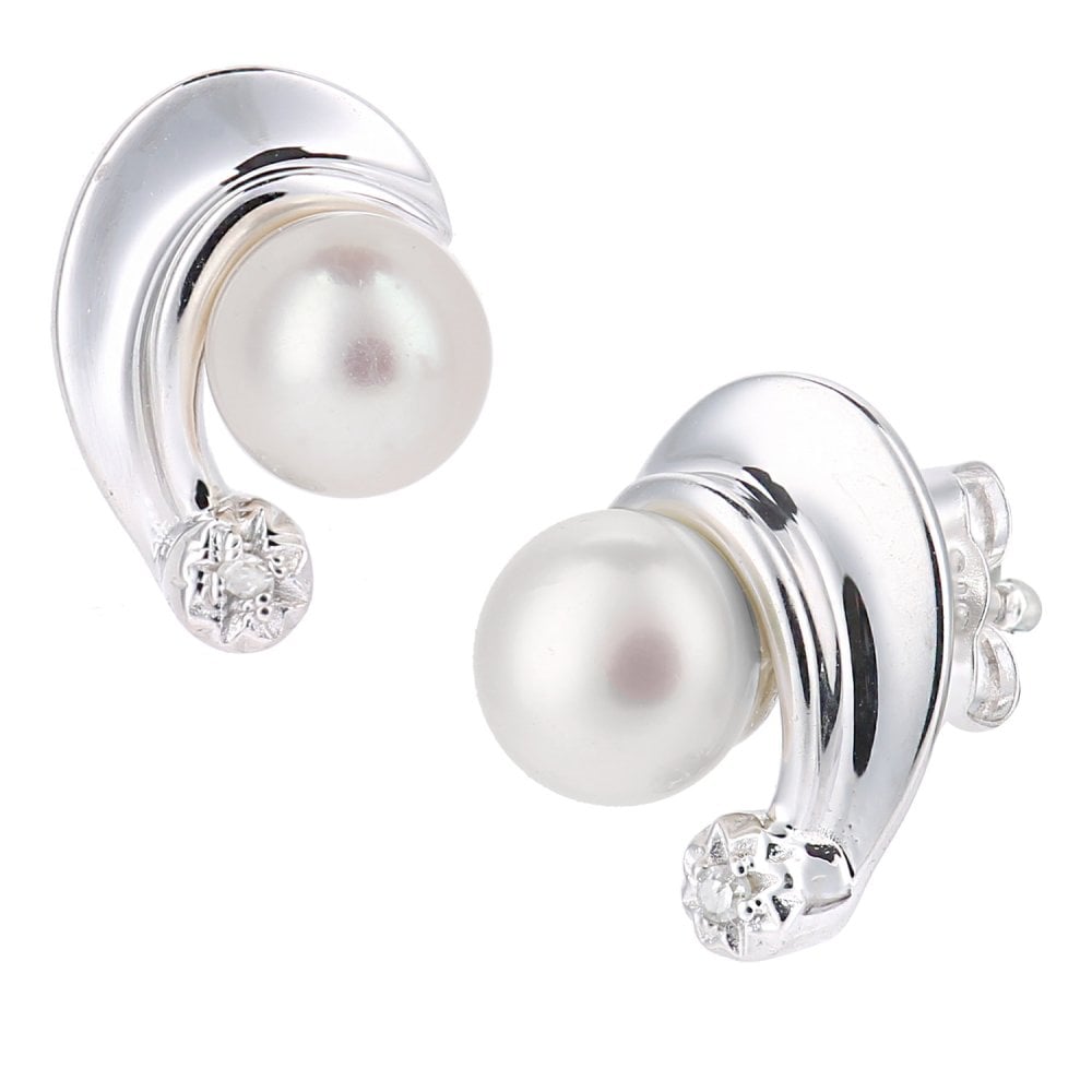 SPARKLD 9ct White Gold Cultured Pearl and 0.01ct Diamond Stud Earrings