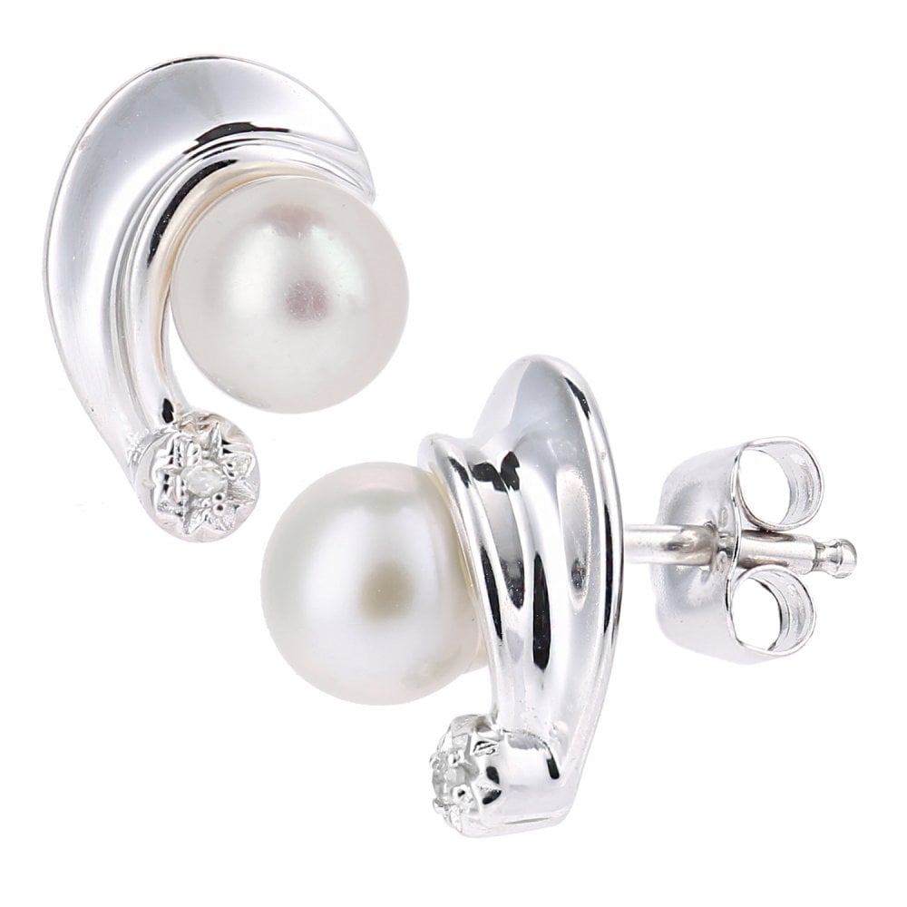 SPARKLD 9ct White Gold Cultured Pearl and 0.01ct Diamond Stud Earrings