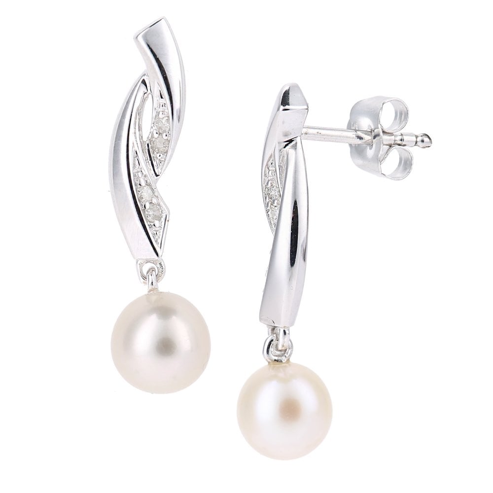 SPARKLD 9ct White Gold Cultured Pearl and 0.05ct Diamond Drop Earrings