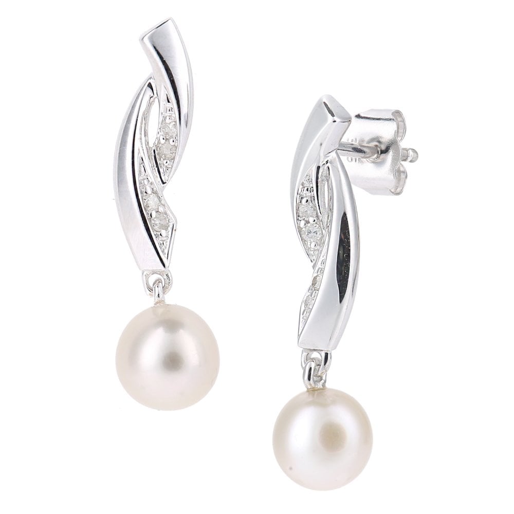 SPARKLD 9ct White Gold Cultured Pearl and 0.05ct Diamond Drop Earrings