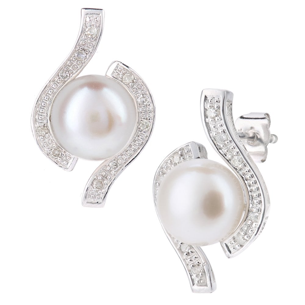 SPARKLD 9ct White Gold Cultured Pearl and 0.10ct Diamond Stud Earrings