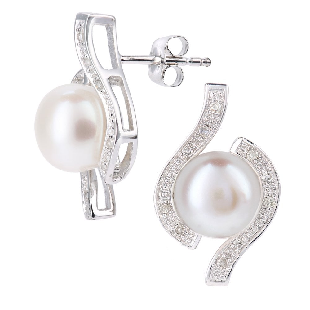 SPARKLD 9ct White Gold Cultured Pearl and 0.10ct Diamond Stud Earrings