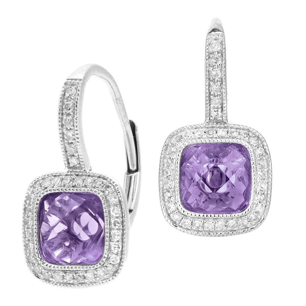 SPARKLD 9ct White Gold Cushion Amethyst and 0.20ct Diamond Drop Earrings