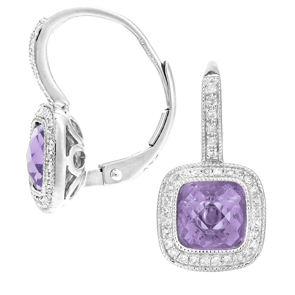 SPARKLD 9ct White Gold Cushion Amethyst and 0.20ct Diamond Drop Earrings