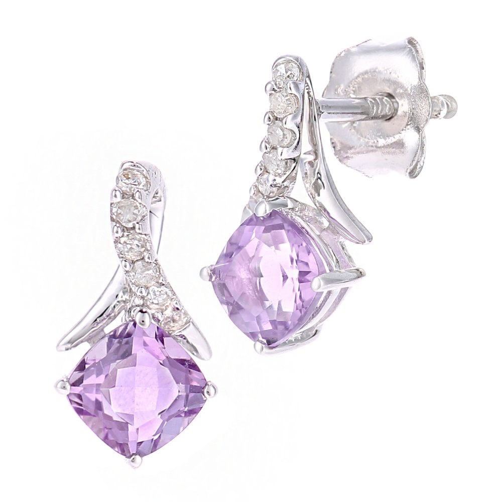 SPARKLD 9ct White Gold Cushion Amethyst Crossover 0.05ct Diamond Stud Earrings