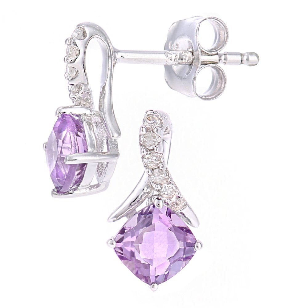 SPARKLD 9ct White Gold Cushion Amethyst Crossover 0.05ct Diamond Stud Earrings