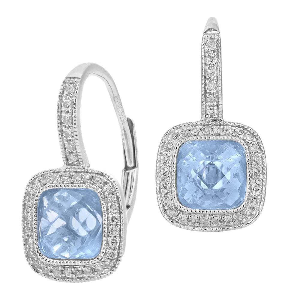 SPARKLD 9ct White Gold Cushion Blue Topaz and 0.20ct Diamond Drop Earrings