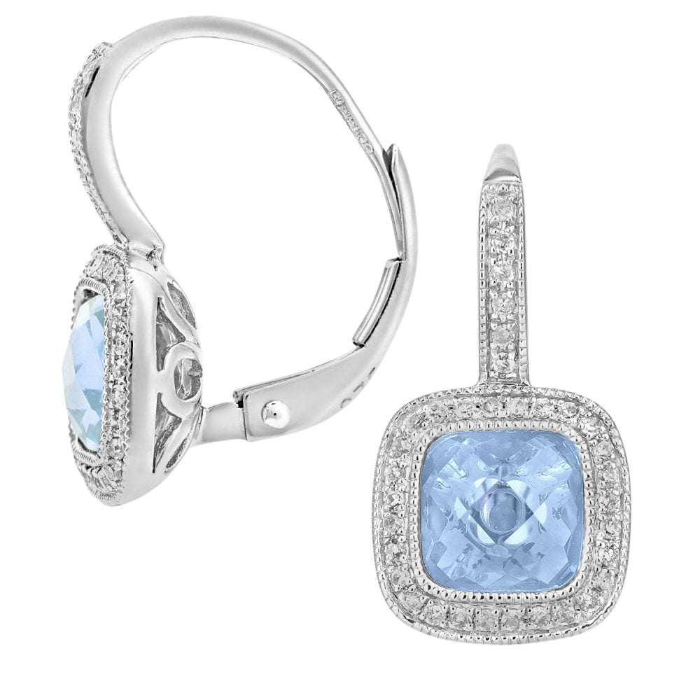 SPARKLD 9ct White Gold Cushion Blue Topaz and 0.20ct Diamond Drop Earrings