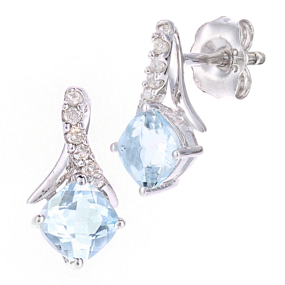 SPARKLD 9ct White Gold Cushion Blue Topaz Crossover 0.05ct Diamond Stud Earrings