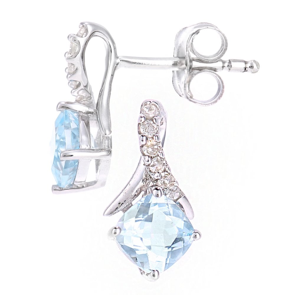 SPARKLD 9ct White Gold Cushion Blue Topaz Crossover 0.05ct Diamond Stud Earrings