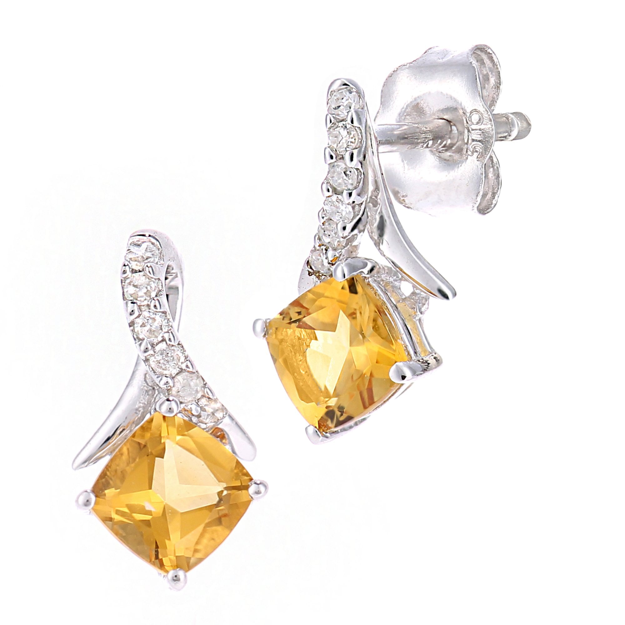SPARKLD 9ct White Gold Cushion Citrine Crossover 0.05ct Diamond Stud Earrings