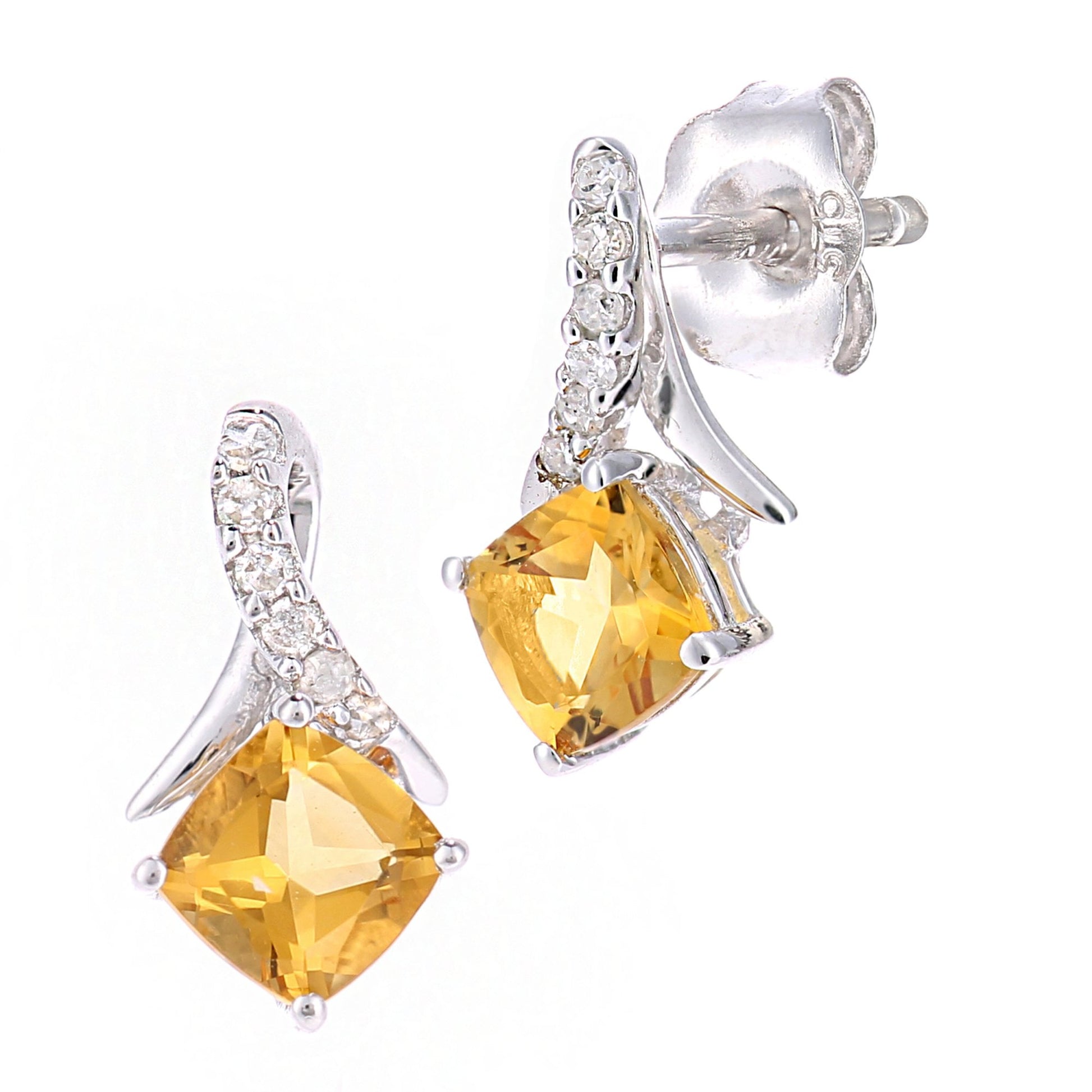 SPARKLD 9ct White Gold Cushion Citrine Crossover 0.05ct Diamond Stud Earrings