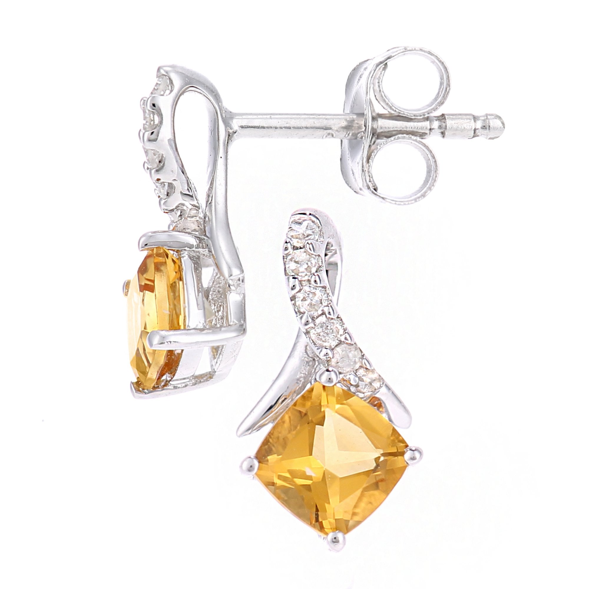 SPARKLD 9ct White Gold Cushion Citrine Crossover 0.05ct Diamond Stud Earrings