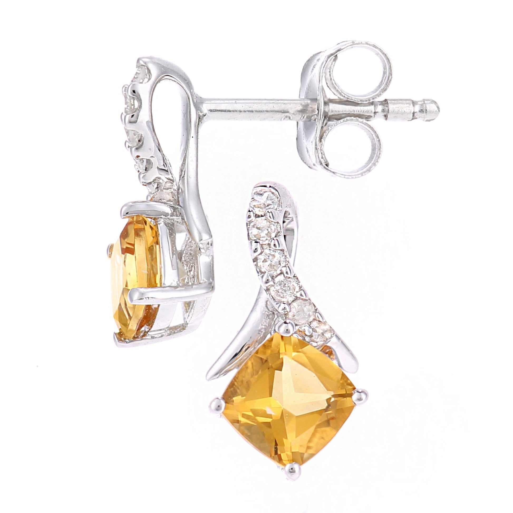 SPARKLD 9ct White Gold Cushion Citrine Crossover 0.05ct Diamond Stud Earrings