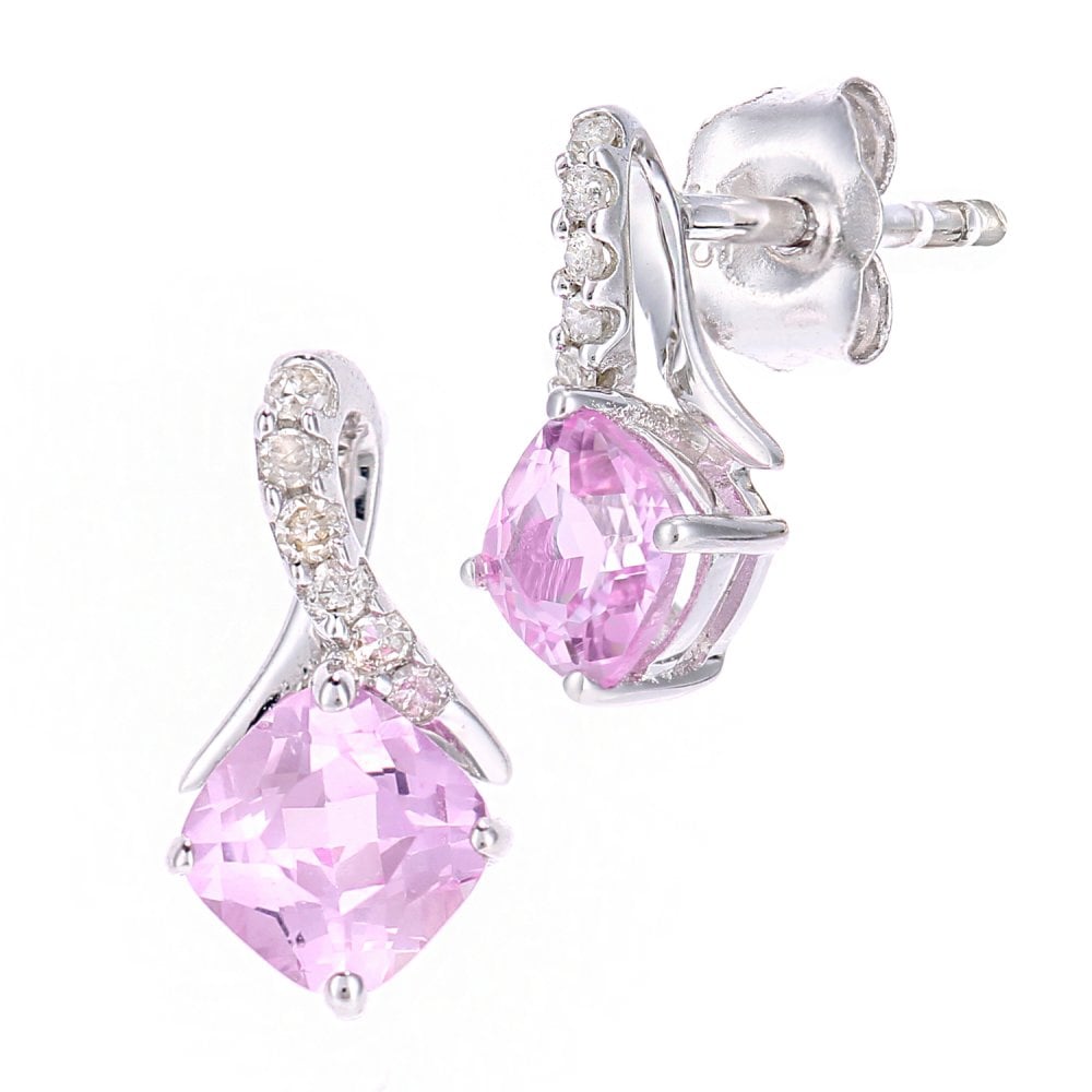 SPARKLD 9ct White Gold Cushion Created Pink Sapphire Crossover 0.05ct Diamond Stud Earrings