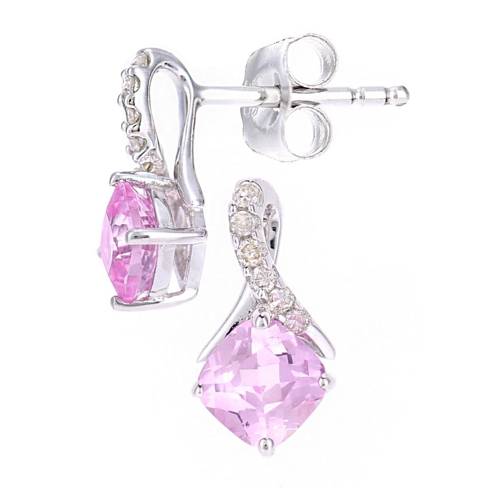 SPARKLD 9ct White Gold Cushion Created Pink Sapphire Crossover 0.05ct Diamond Stud Earrings