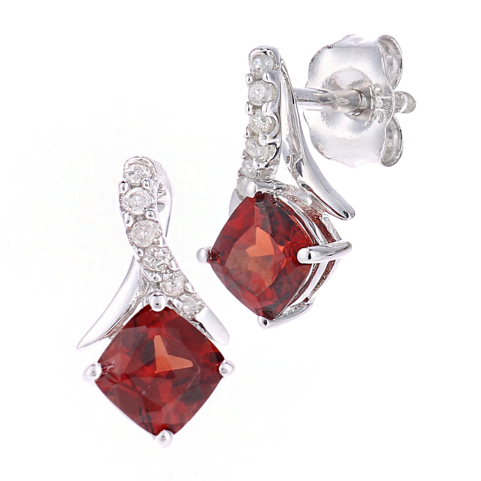 SPARKLD 9ct White Gold Cushion Garnet Crossover 0.05ct Diamond Stud Earrings