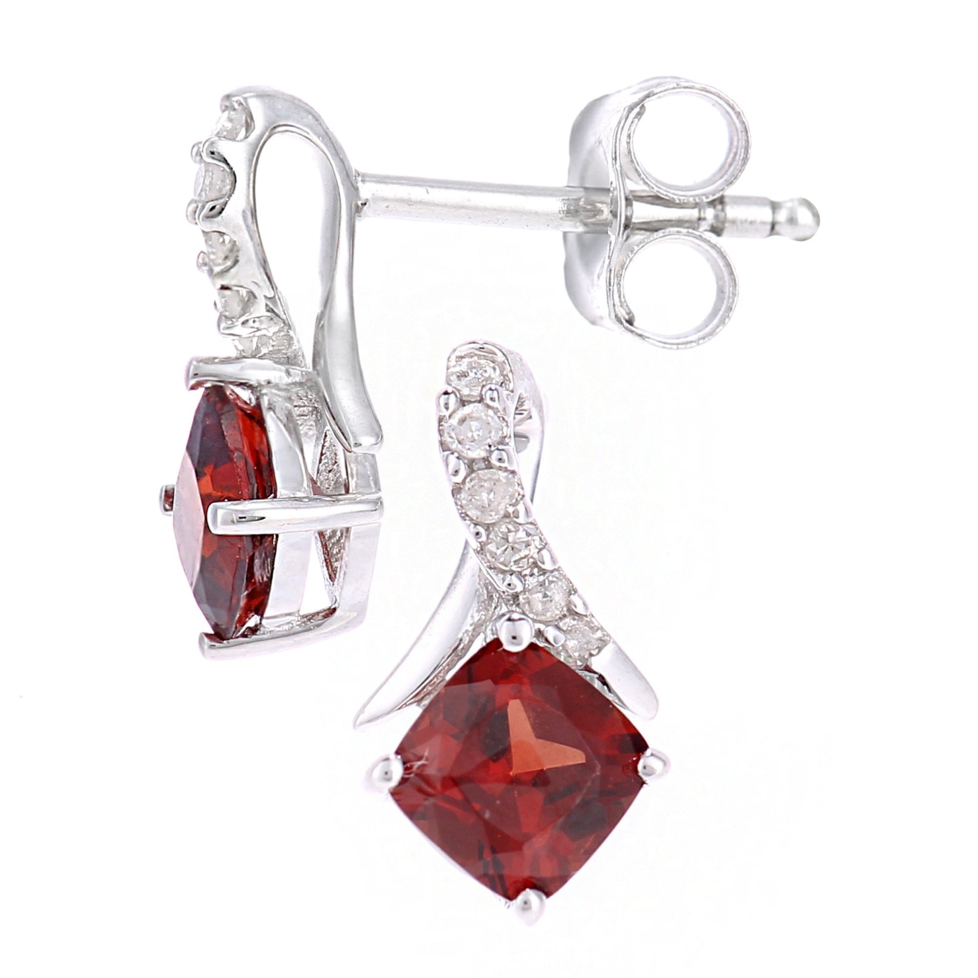 SPARKLD 9ct White Gold Cushion Garnet Crossover 0.05ct Diamond Stud Earrings