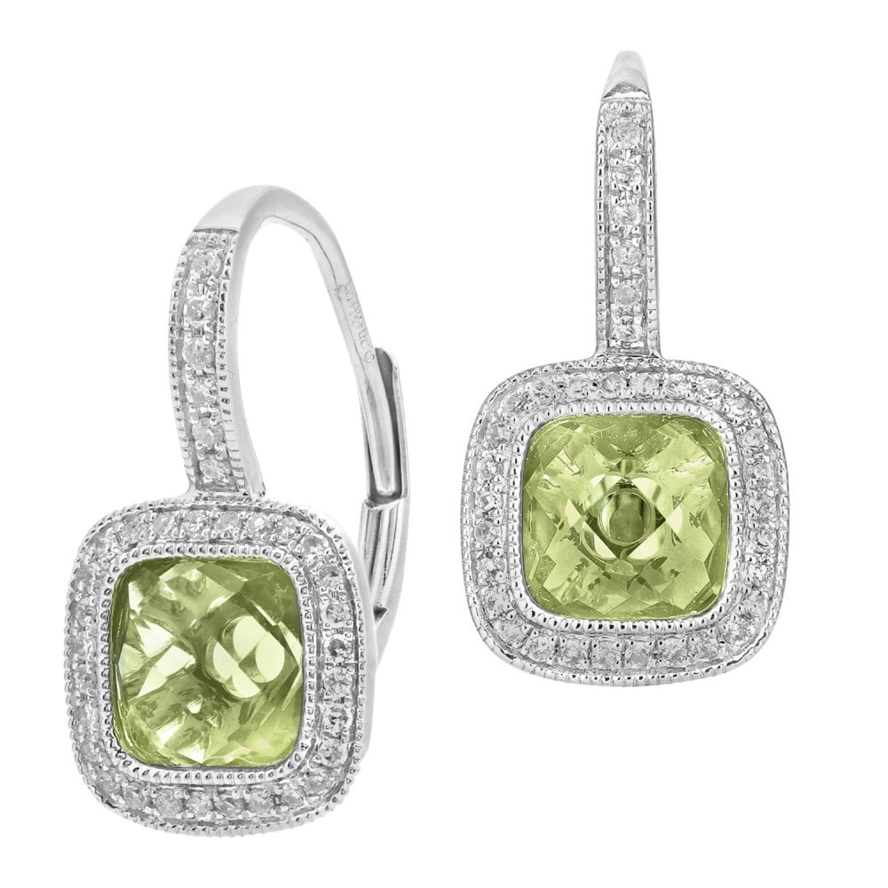 SPARKLD 9ct White Gold Cushion Peridot and 0.20ct Diamond Drop Earrings