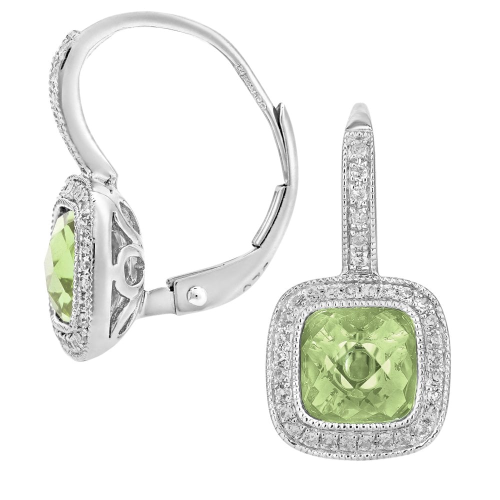SPARKLD 9ct White Gold Cushion Peridot and 0.20ct Diamond Drop Earrings