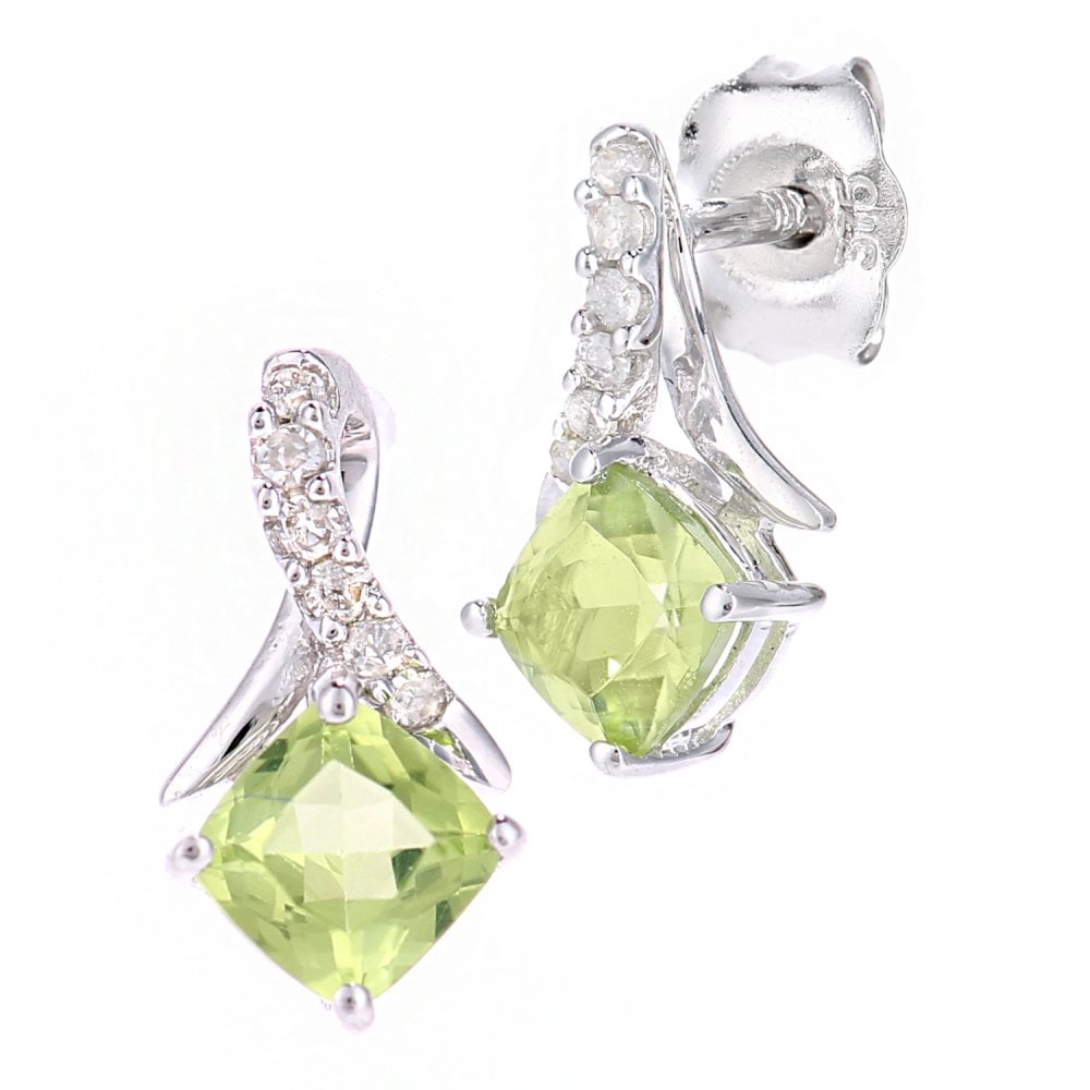 SPARKLD 9ct White Gold Cushion Peridot Crossover 0.05ct Diamond Stud Earrings