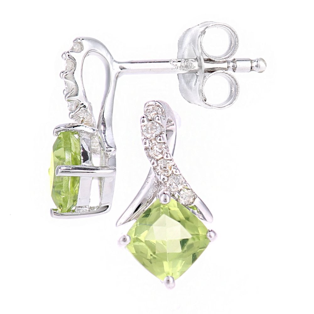 SPARKLD 9ct White Gold Cushion Peridot Crossover 0.05ct Diamond Stud Earrings