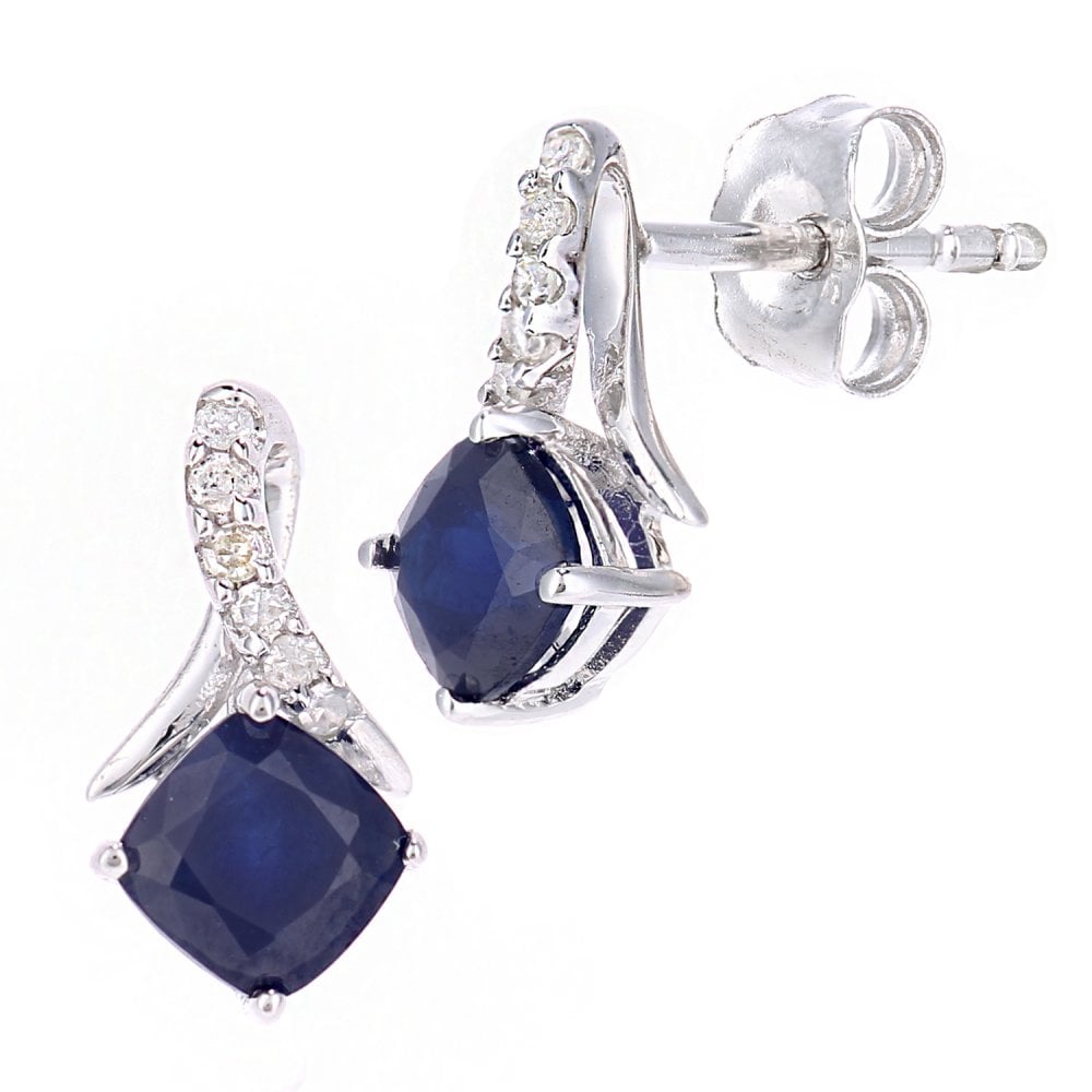 SPARKLD 9ct White Gold Cushion Sapphire Crossover 0.05ct Diamond Stud Earrings