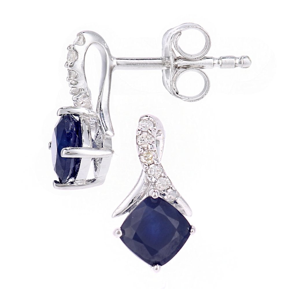SPARKLD 9ct White Gold Cushion Sapphire Crossover 0.05ct Diamond Stud Earrings