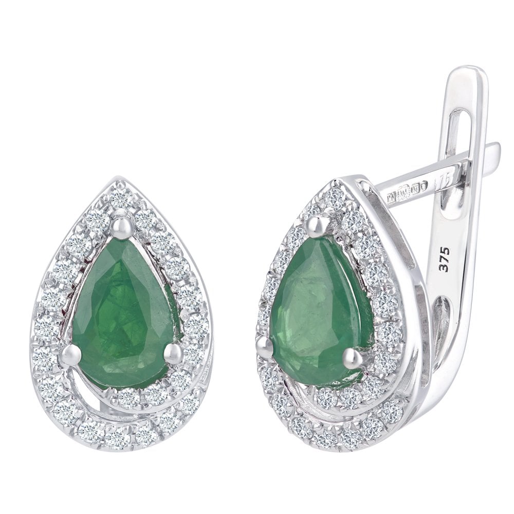 SPARKLD 9ct White Gold Emerald and 0.20ct Diamond Teardrop Stud Earrings