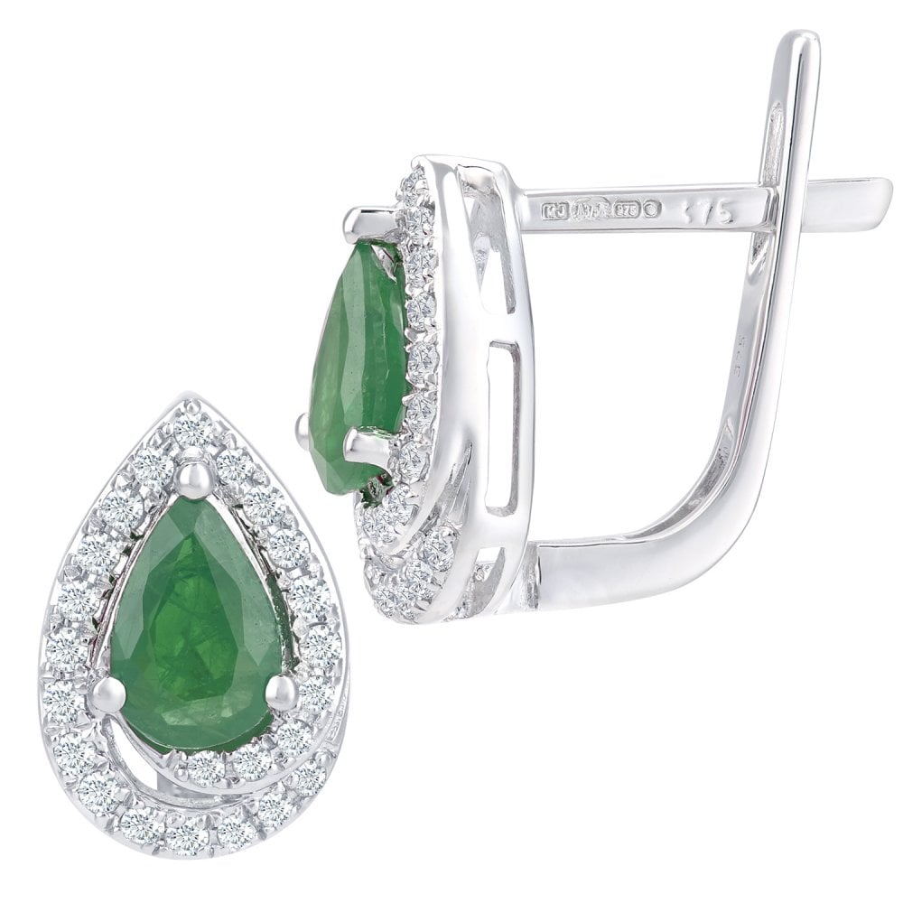 SPARKLD 9ct White Gold Emerald and 0.20ct Diamond Teardrop Stud Earrings