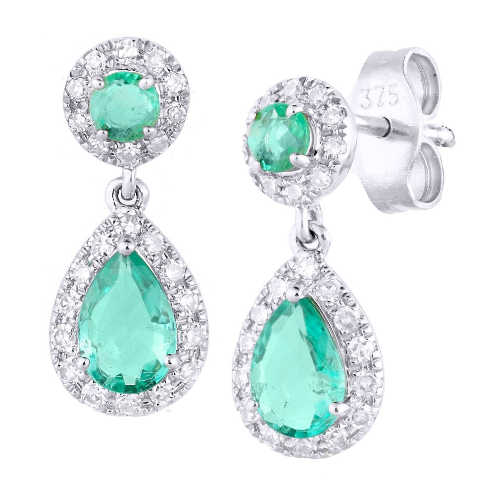 SPARKLD 9ct White Gold Emerald and 0.25ct Diamond Teardrop Halo Earrings