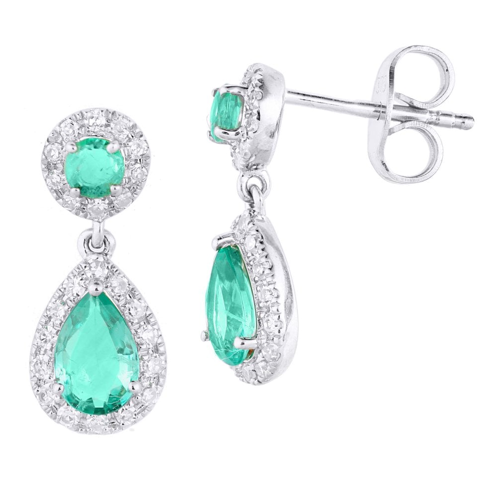 SPARKLD 9ct White Gold Emerald and 0.25ct Diamond Teardrop Halo Earrings