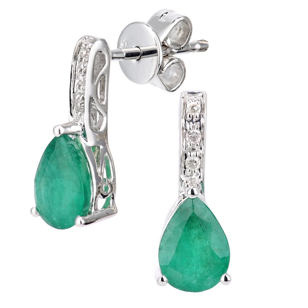 SPARKLD 9ct White Gold Emerald Teardrop 0.03ct Diamond Drop Earrings