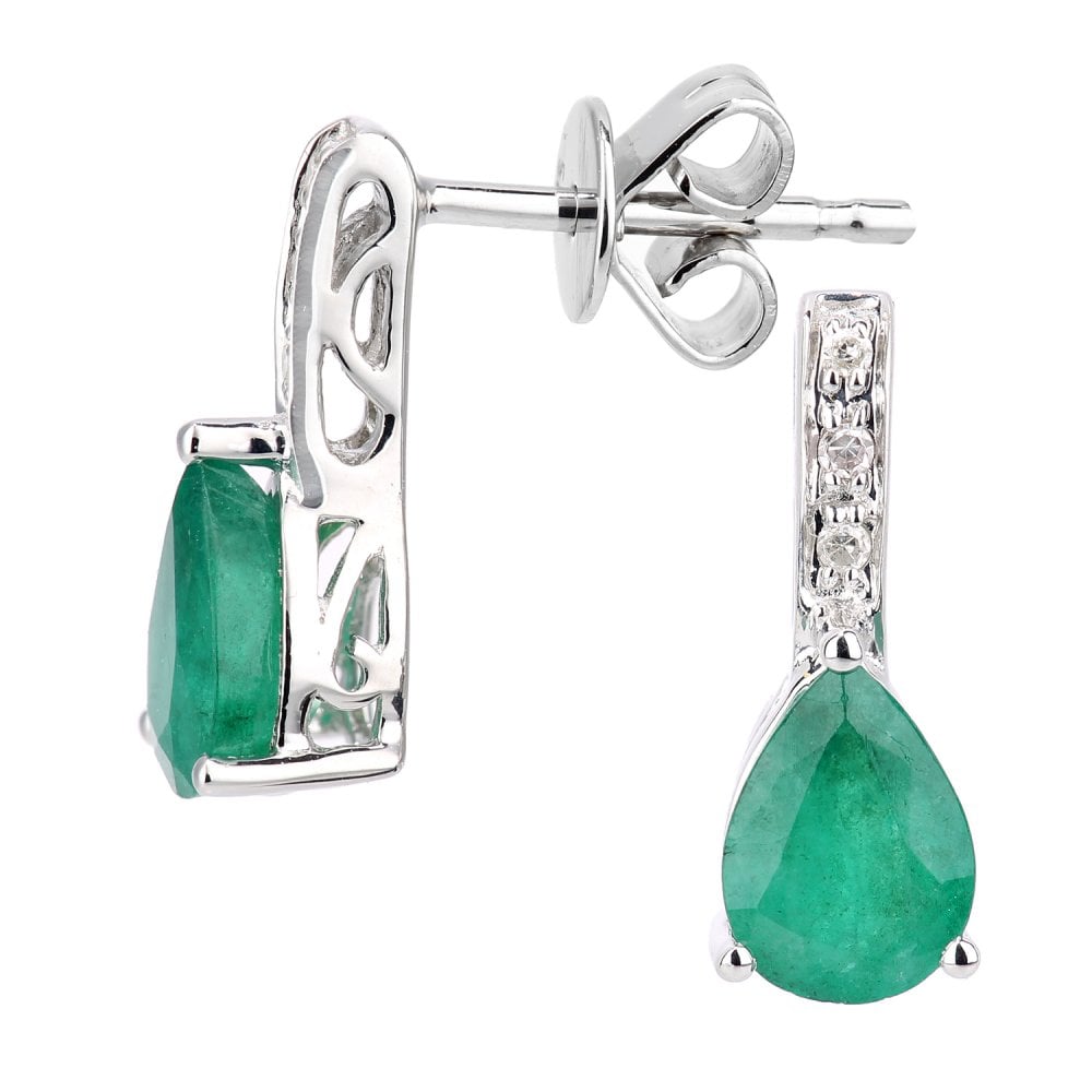 SPARKLD 9ct White Gold Emerald Teardrop 0.03ct Diamond Drop Earrings