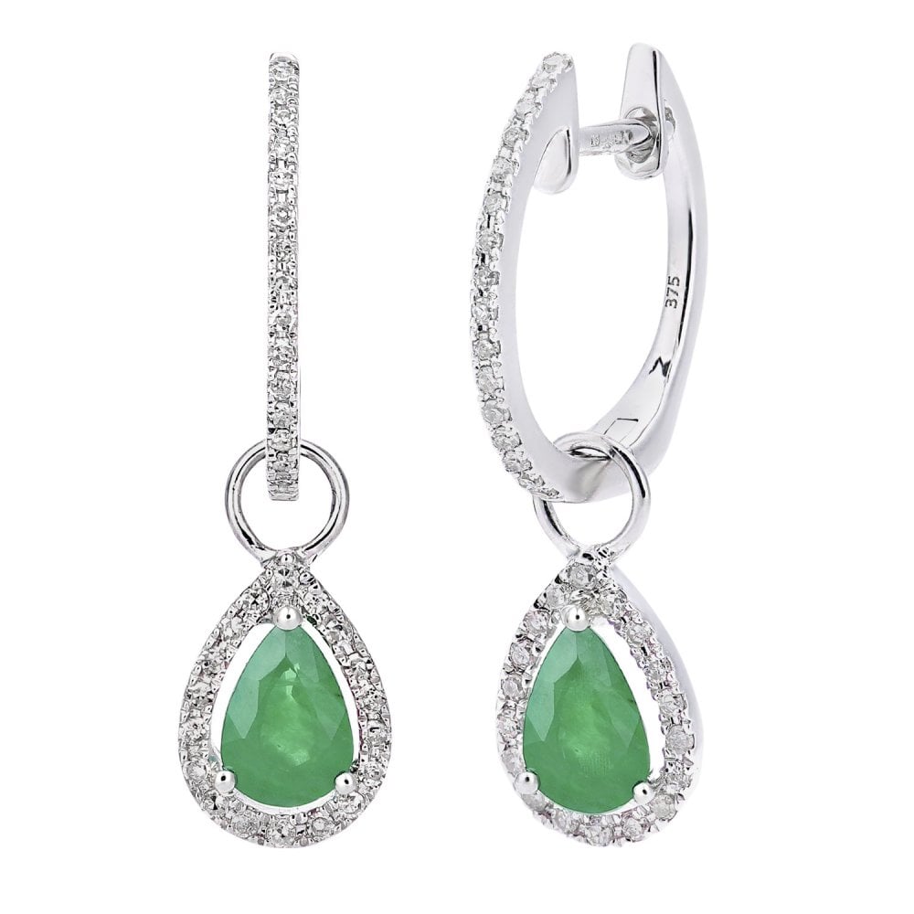 SPARKLD 9ct White Gold Emerald Teardrop 0.20ct Diamond Earrings