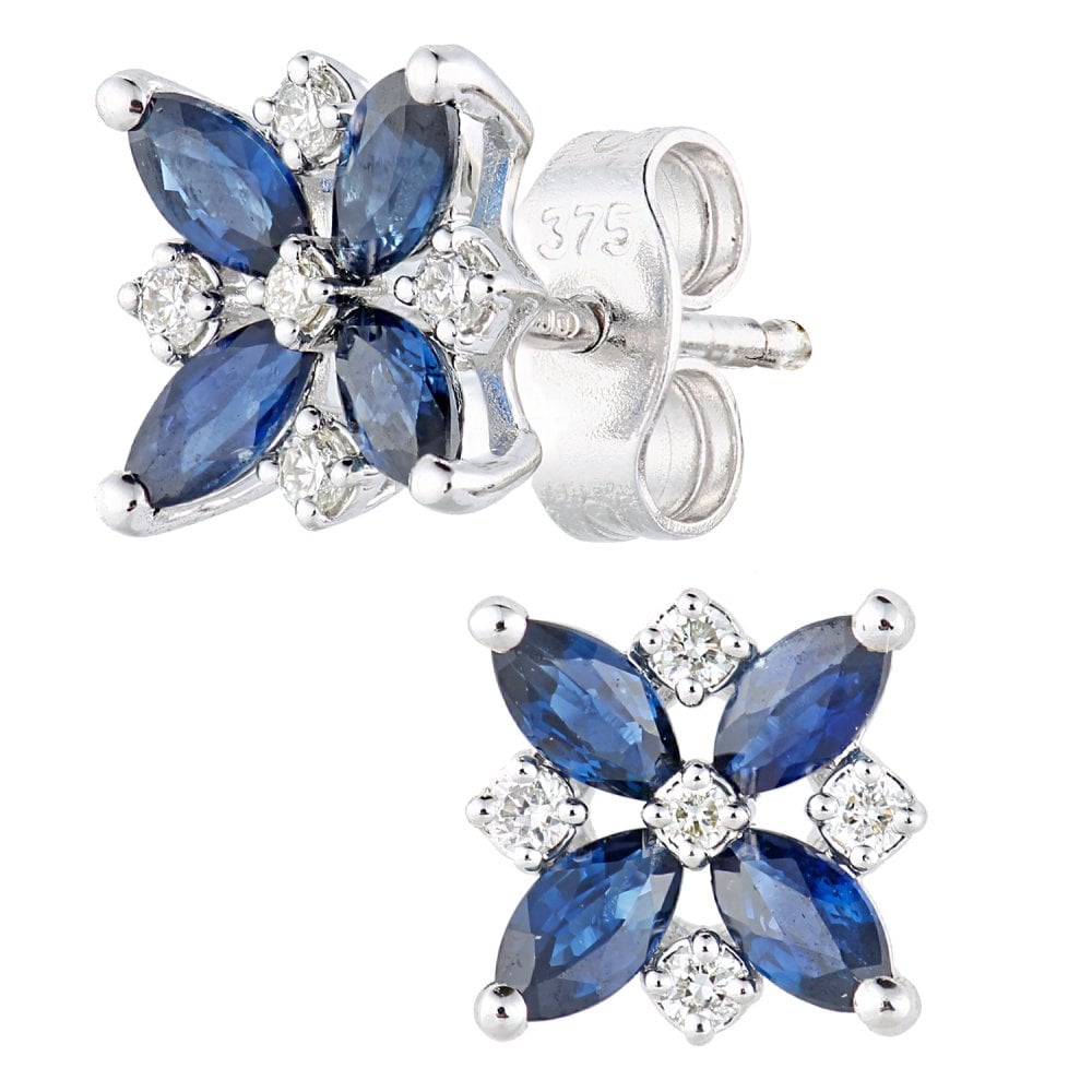 SPARKLD 9ct White Gold Marquise Sapphire and 0.10ct Diamond Flower Stud Earrings