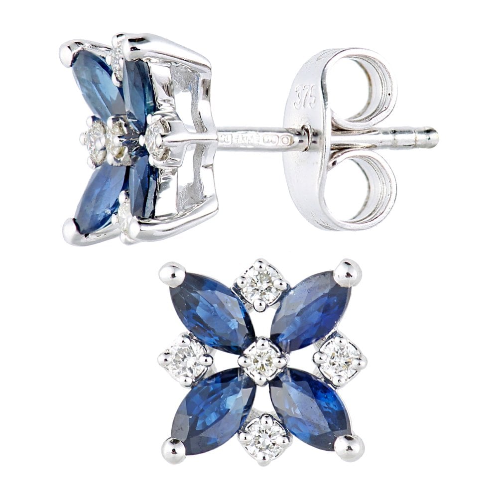 SPARKLD 9ct White Gold Marquise Sapphire and 0.10ct Diamond Flower Stud Earrings