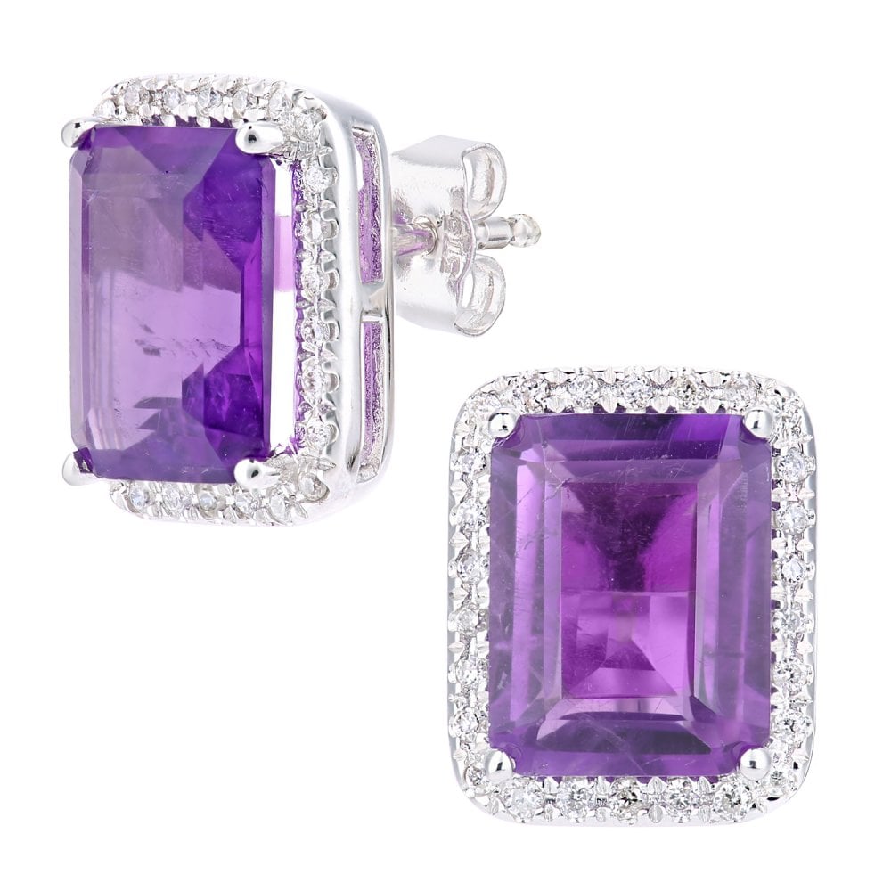 SPARKLD 9ct White Gold Octagon Amethyst and 0.15ct Diamond Cluster Stud Earrings