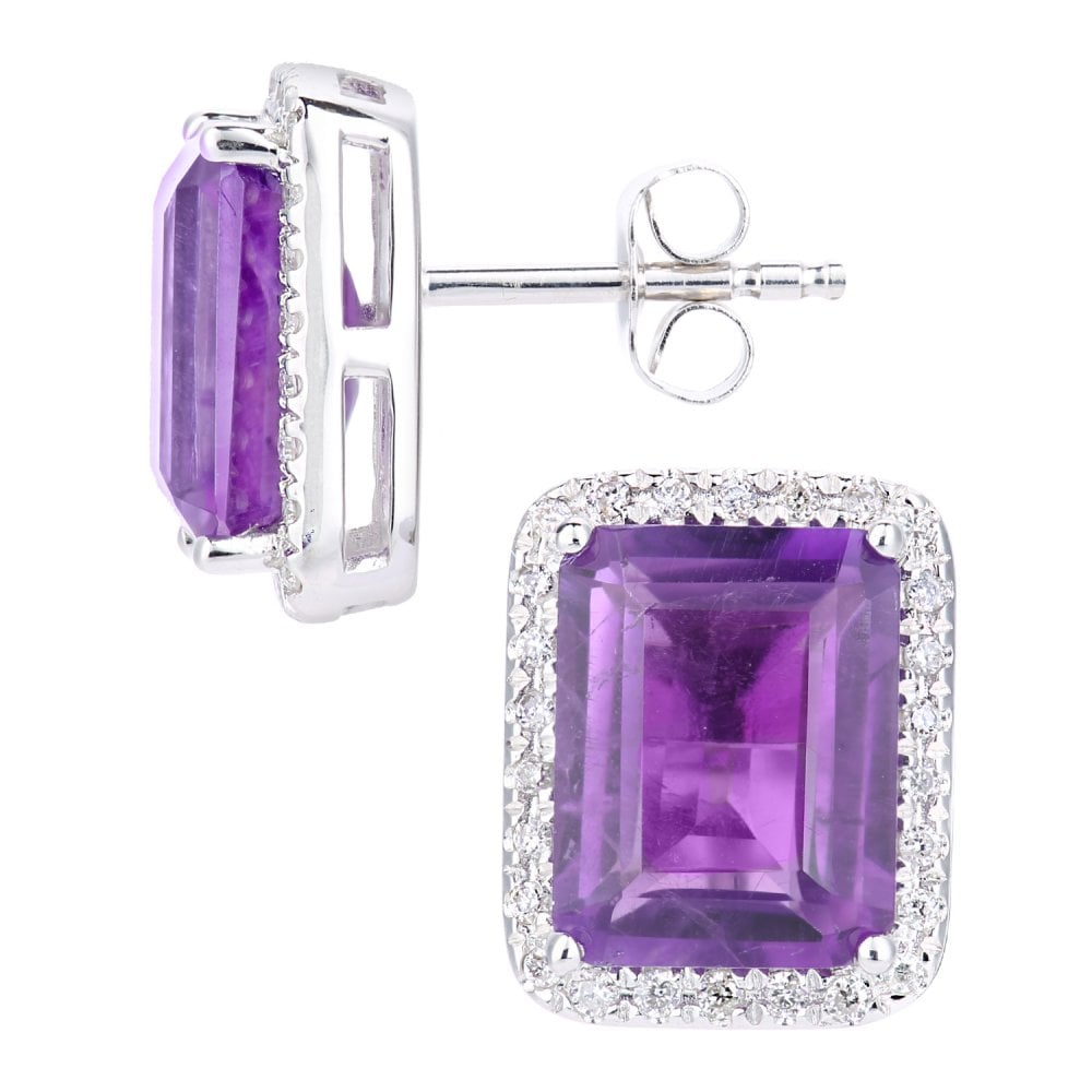 SPARKLD 9ct White Gold Octagon Amethyst and 0.15ct Diamond Cluster Stud Earrings