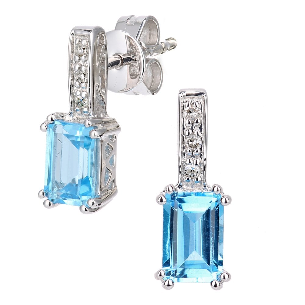 SPARKLD 9ct White Gold Octagon Blue Topaz and 0.03ct Diamond Drop Earrings