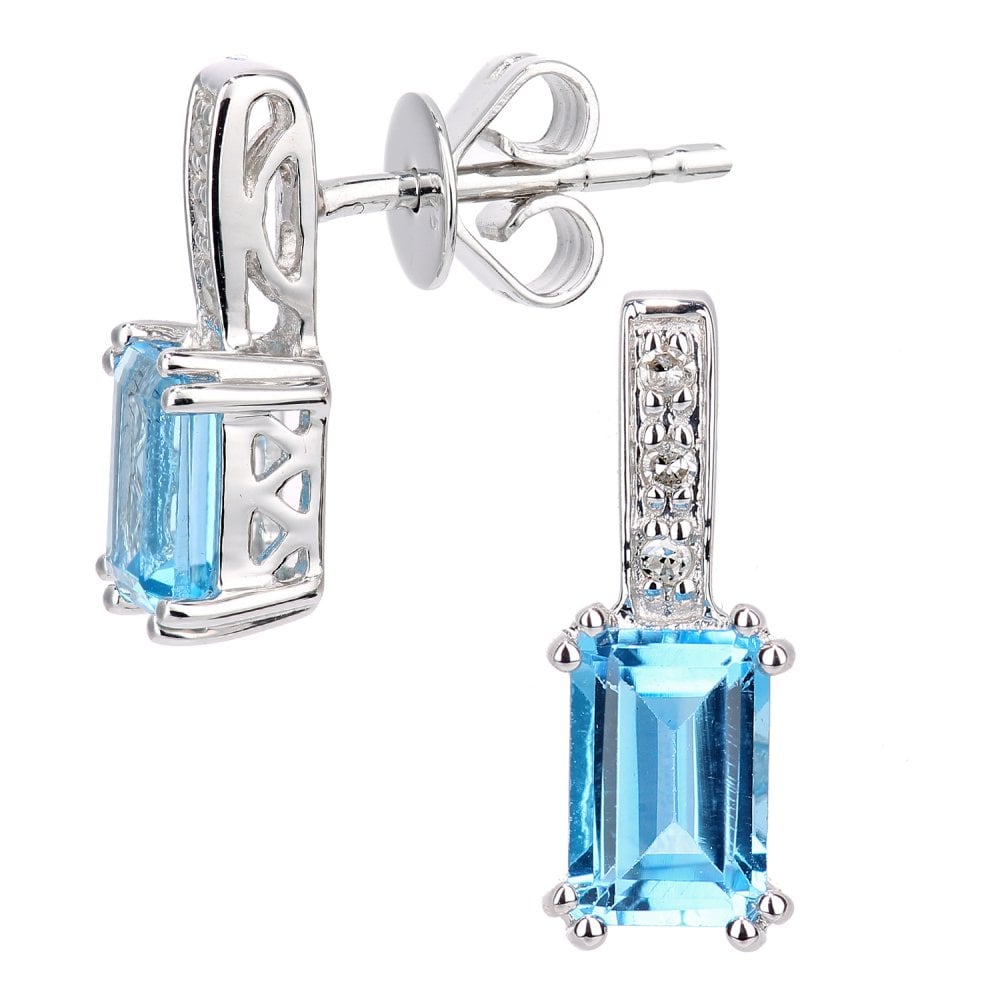 SPARKLD 9ct White Gold Octagon Blue Topaz and 0.03ct Diamond Drop Earrings