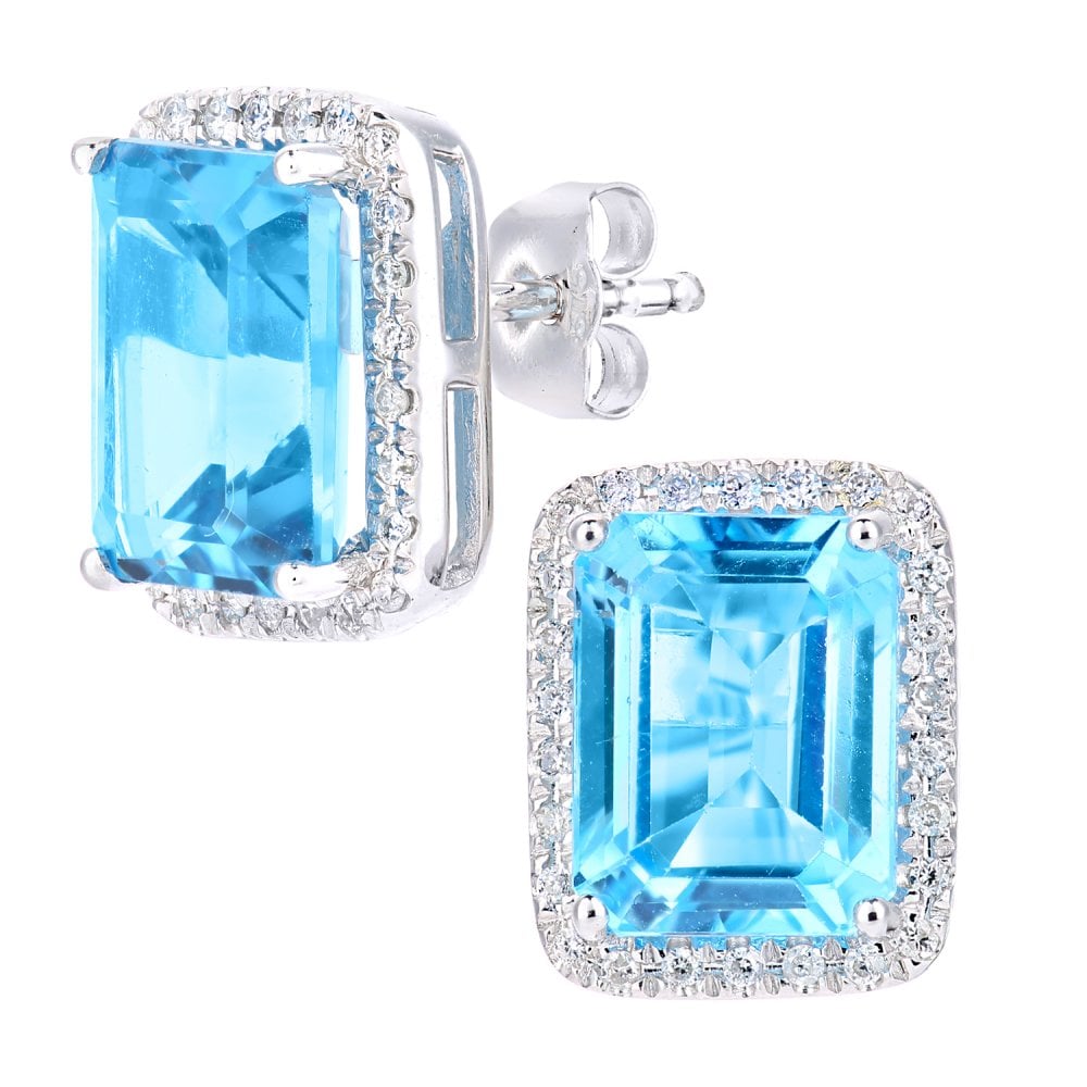 SPARKLD 9ct White Gold Octagon Blue Topaz and 0.15ct Diamond Cluster Stud Earrings