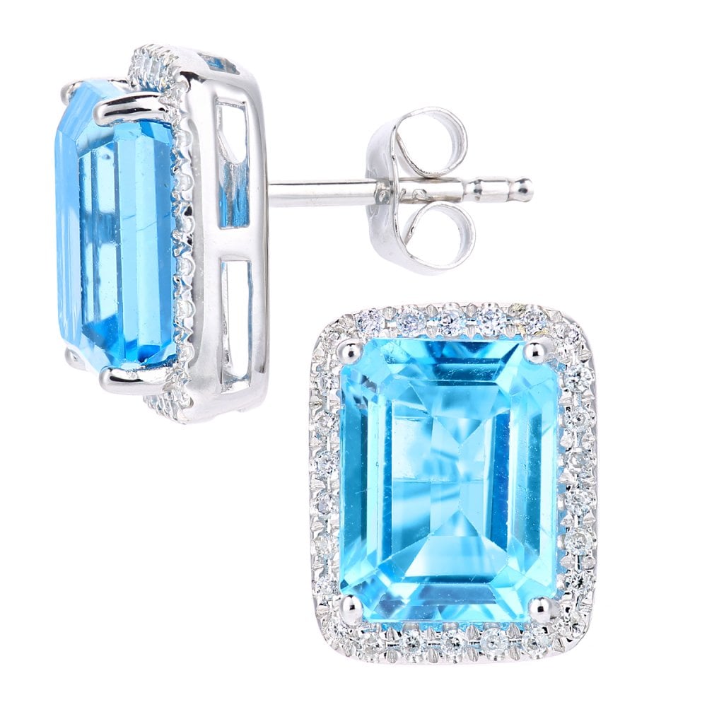 SPARKLD 9ct White Gold Octagon Blue Topaz and 0.15ct Diamond Cluster Stud Earrings