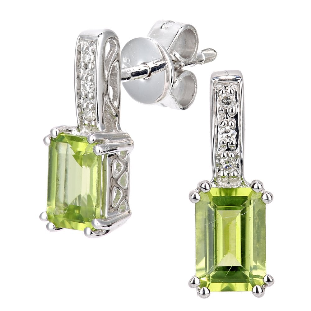 SPARKLD 9ct White Gold Octagon Peridot and 0.03ct Diamond Drop Earrings