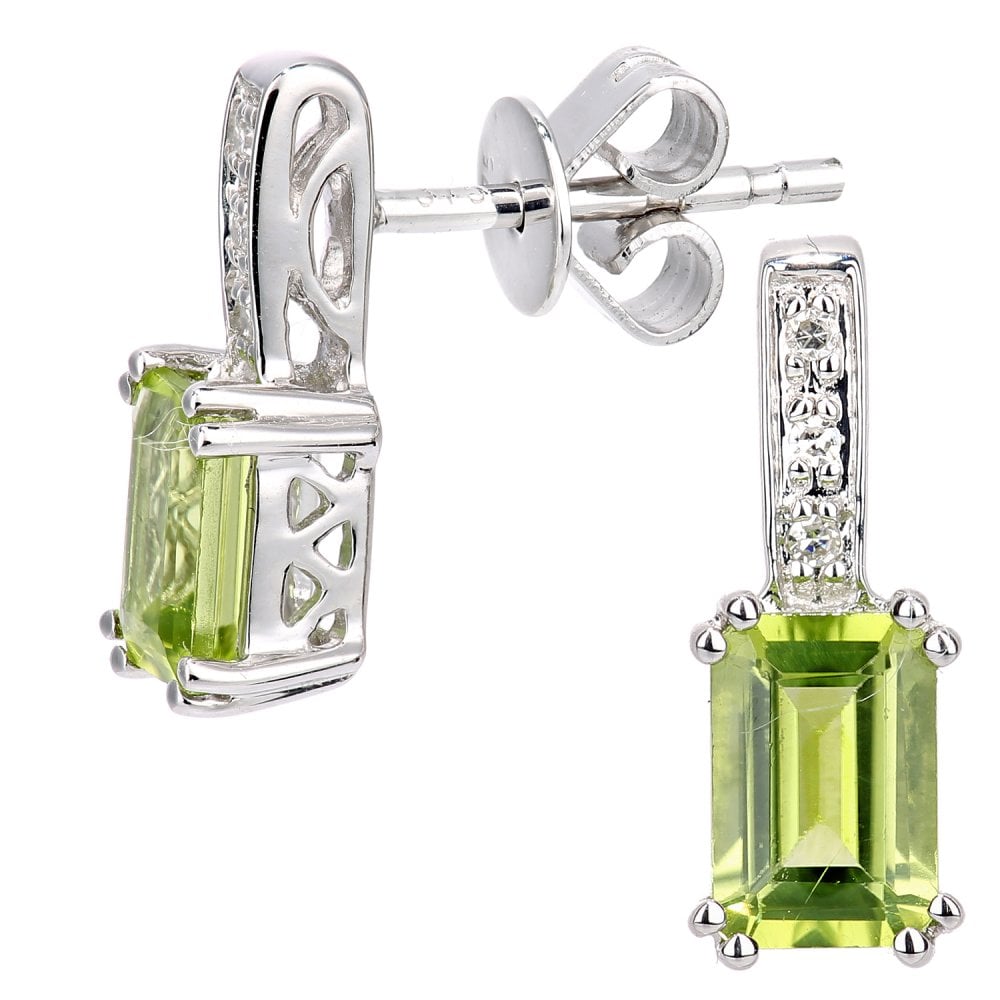 SPARKLD 9ct White Gold Octagon Peridot and 0.03ct Diamond Drop Earrings