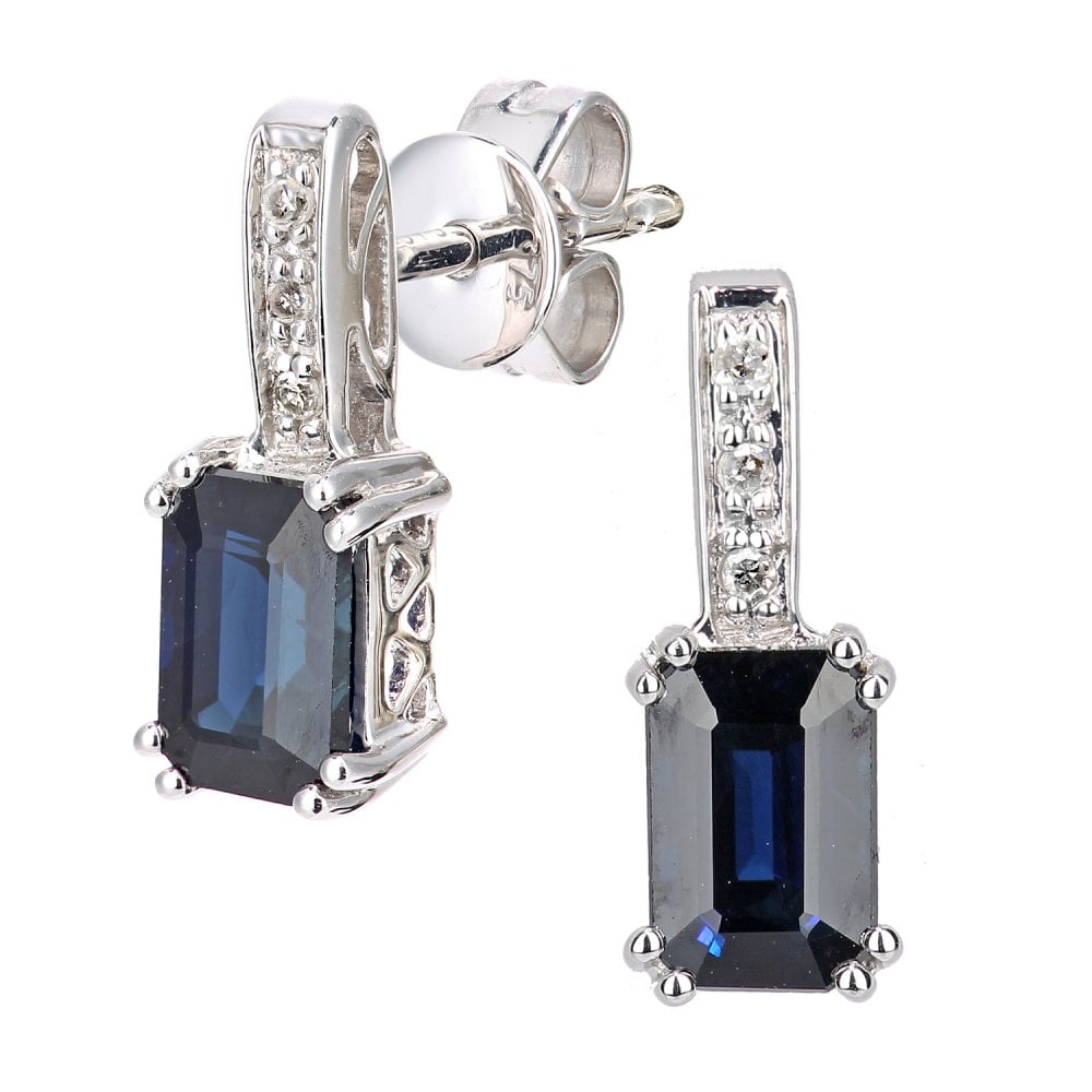 SPARKLD 9ct White Gold Octagon Sapphire and 0.03ct Diamond Drop Earrings